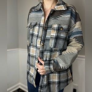 Plaid flannel Aztec print button down shacket